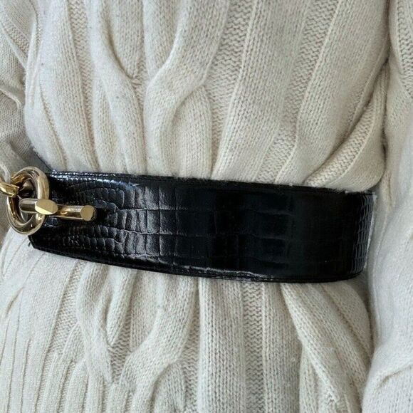 Vintage Avignon Black Leather Croc Embossed Wide Waist Belt Made in France Sz M - Picture 3 of 3